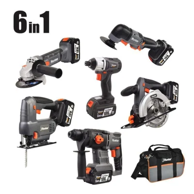 סט 6 כלים נטענים, 3 סוללות 5Ah, מטען מהיר 6.5A בתיק